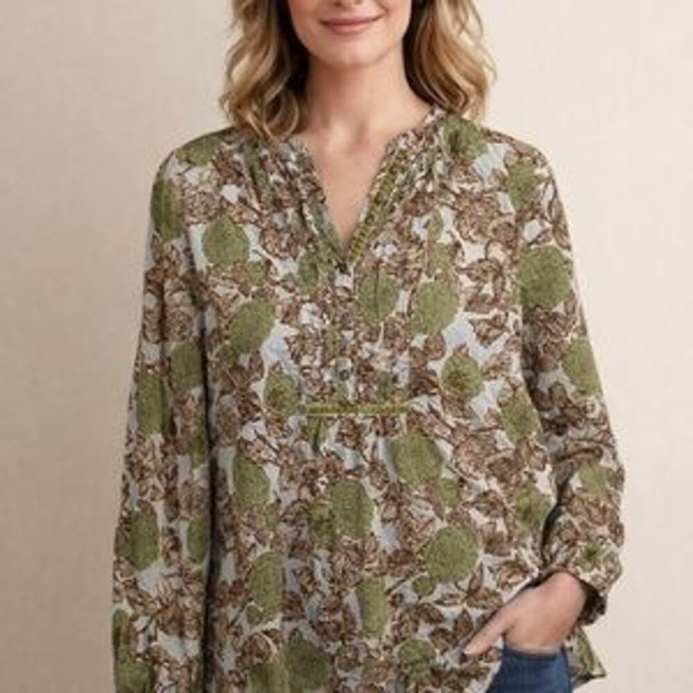Boden Top Floral Leaf Pintuck Pleated Balloon Sleeve Blouse Boho Green Size 10